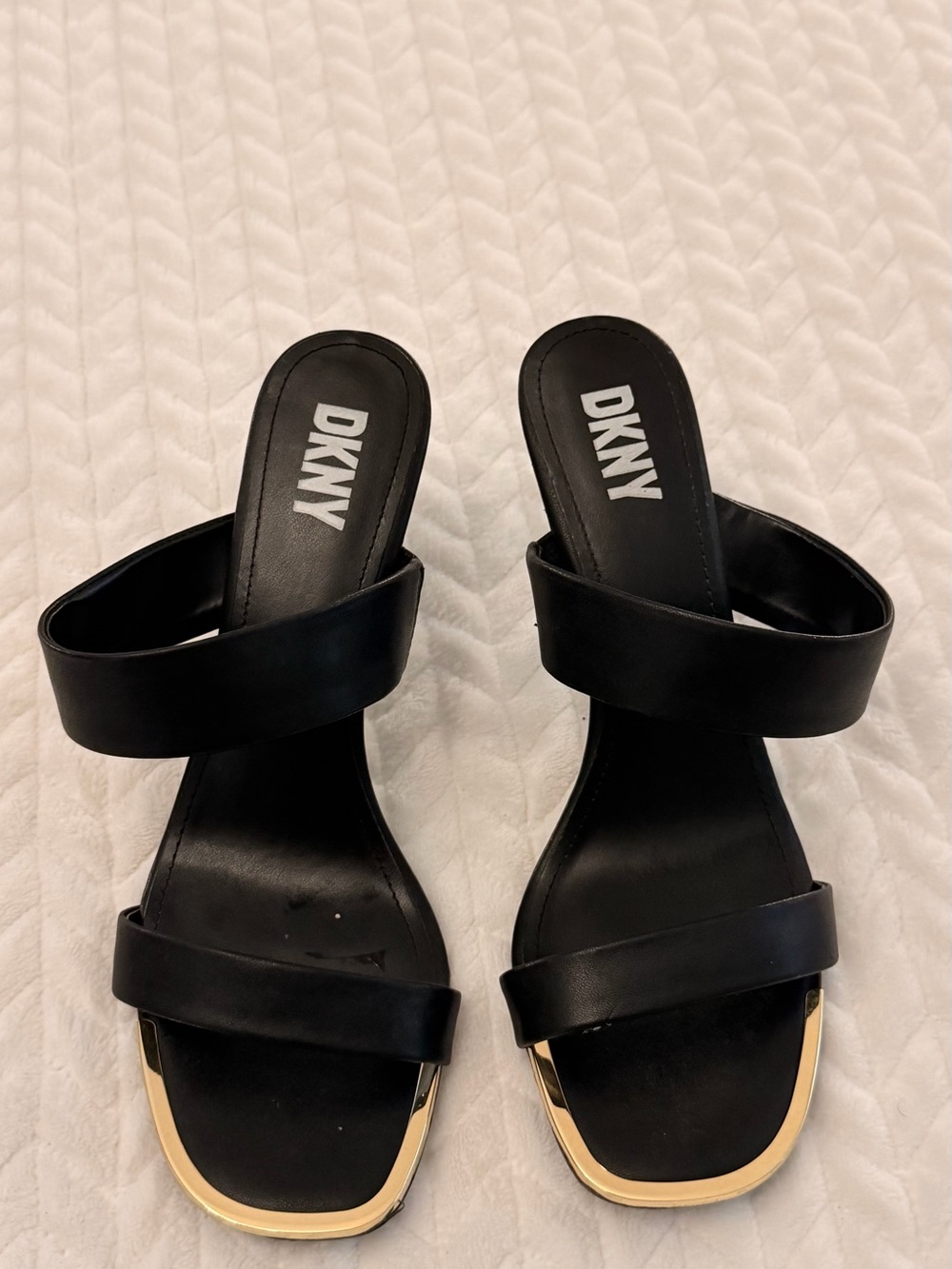 DKNY Black Slide Mules with Gold Trim